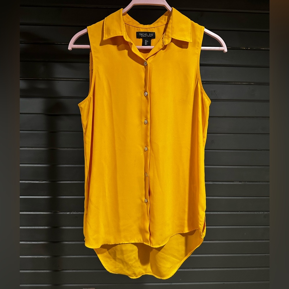 Rachel Zoe mustard yellow flowy button up sleeveless high/low hem, size S